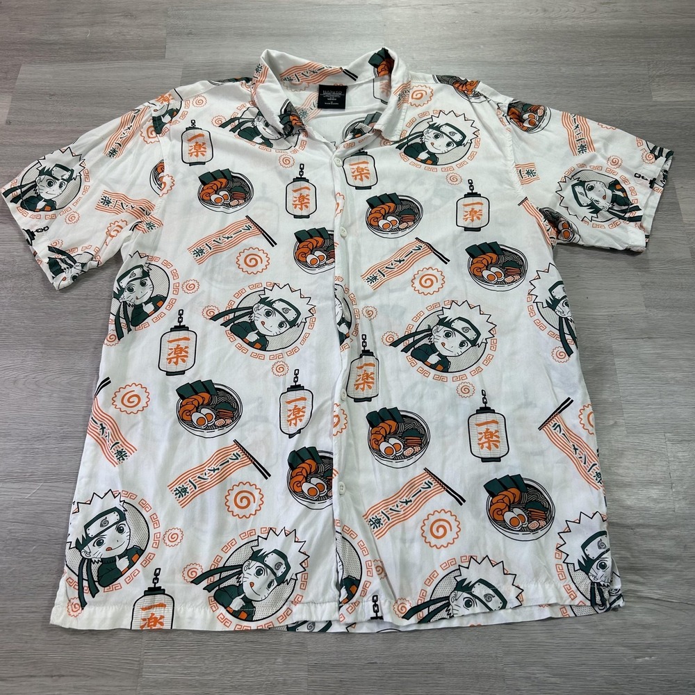 Naruto Shirt Mens Medium White Ramen Anime Graphic Short Sleeve Button Up Casual